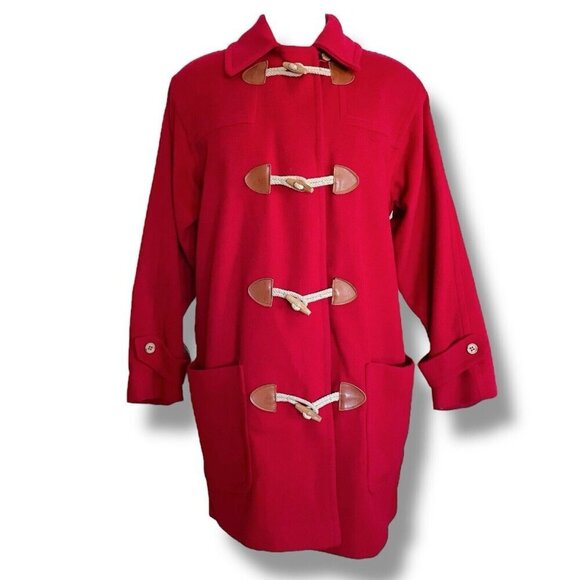 Vintage Eddie Bauer Womens Duffle Coat Sz Medium Red Wool Toggle USA Made Jacket - Picture 1 of 11